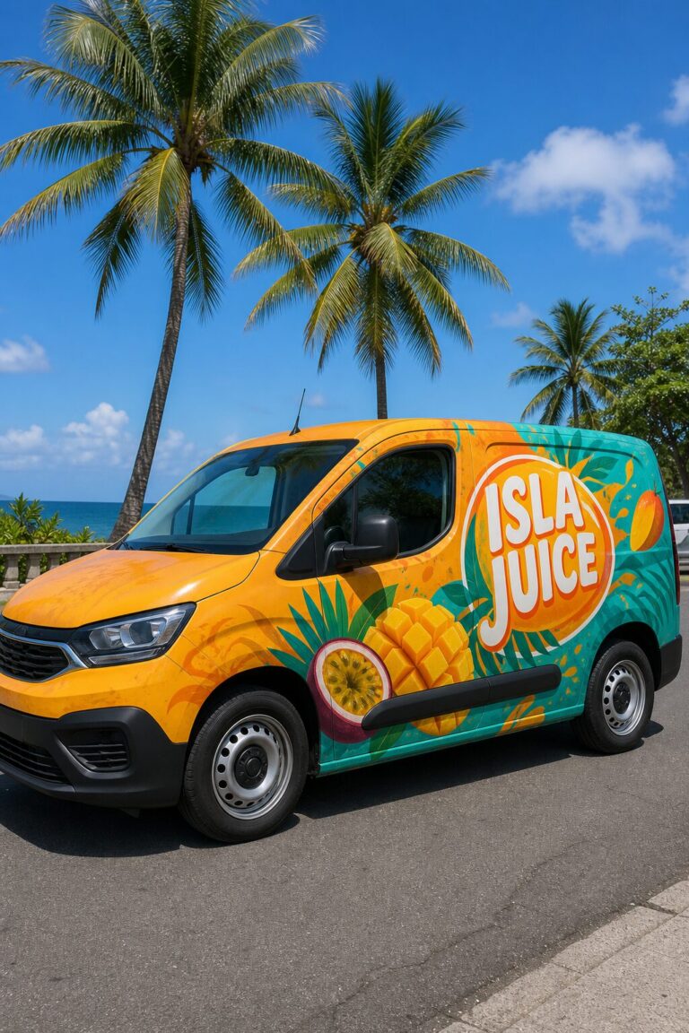 Covering total d'un utilitaire au design tropical avec logo ISLA JUICE en Guadeloupe