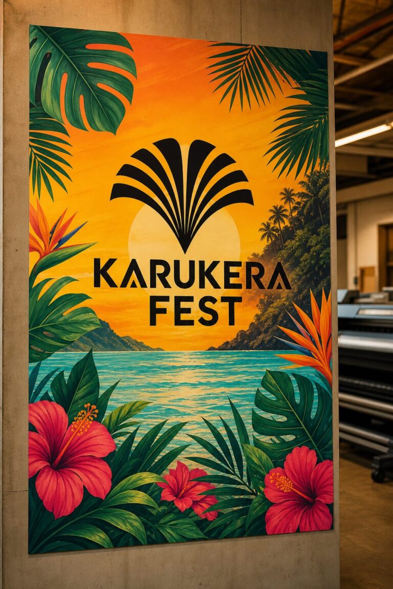 Affiche grand format KARUKERA FEST imprimée et montée sur panneau dans l'atelier d'impression