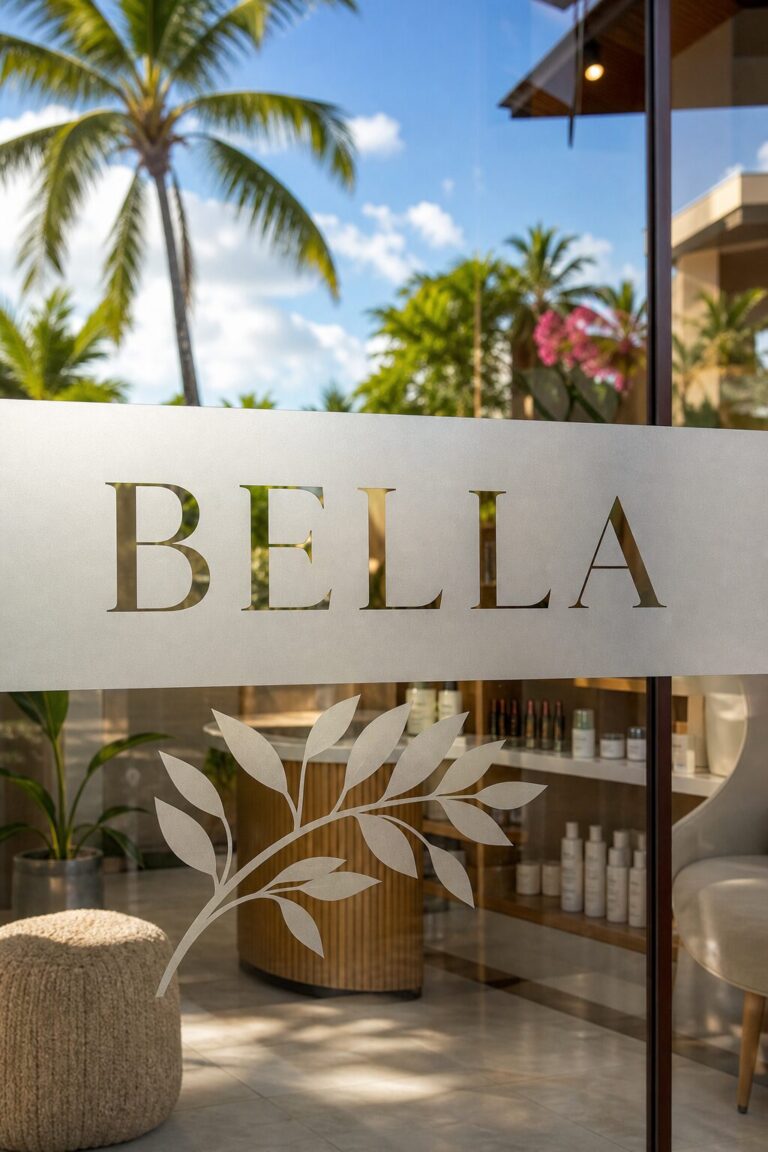 Vitrophanie dépoli avec lettrage BELLA découpé sur la vitrine d'un institut de beauté en Guadeloupe