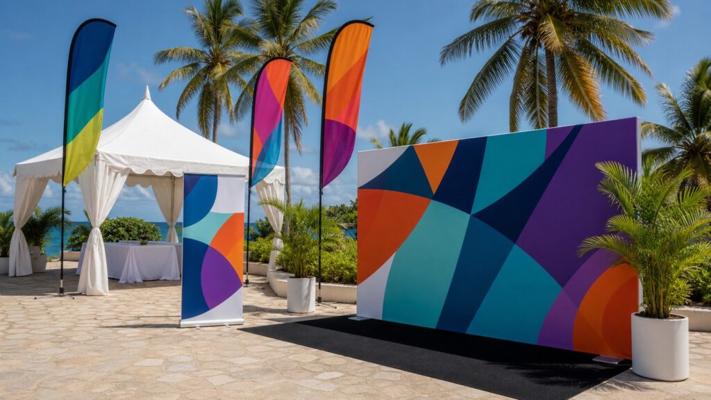 Roll-up et oriflamme publicitaires sur un stand d'exposition